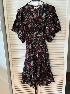 Max Studio Black Midi Wrap Dress with Red & Cream Floral Print